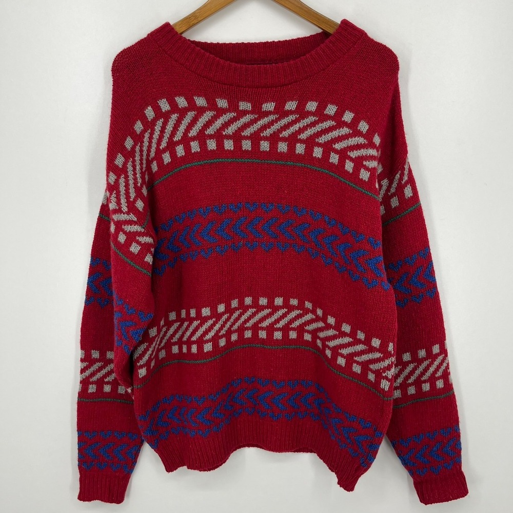 Pendleton Sweater Men's Size L Red 100% Virgin Wool Vintage USA Southwestern 70s